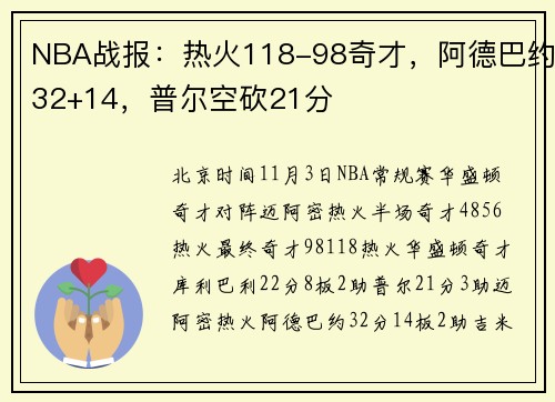NBA战报：热火118-98奇才，阿德巴约32+14，普尔空砍21分